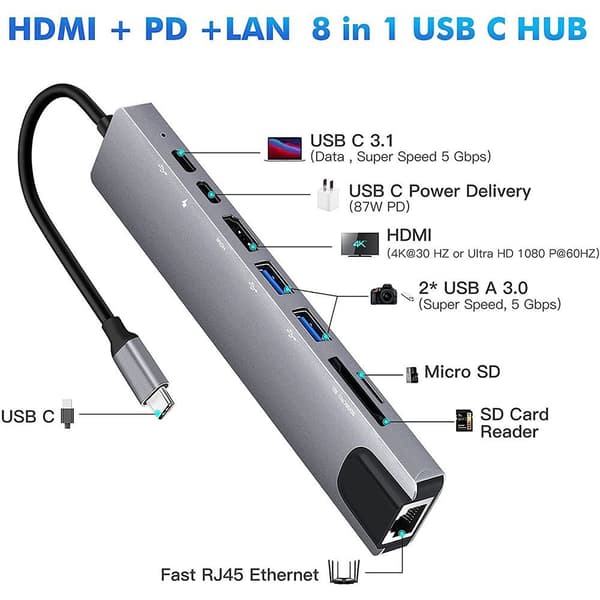 8-i-1 USB-hub Type-C-splitter 4K HDMI PD-lading Dock-stasjon USB 3.0