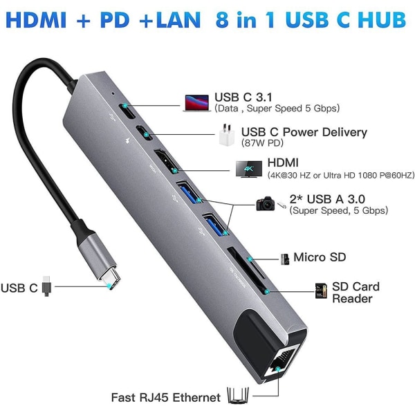 8 in 1 USB HUB Type-C -jakaja 4K HDMI PD -lataustelakointiasema USB 3.0