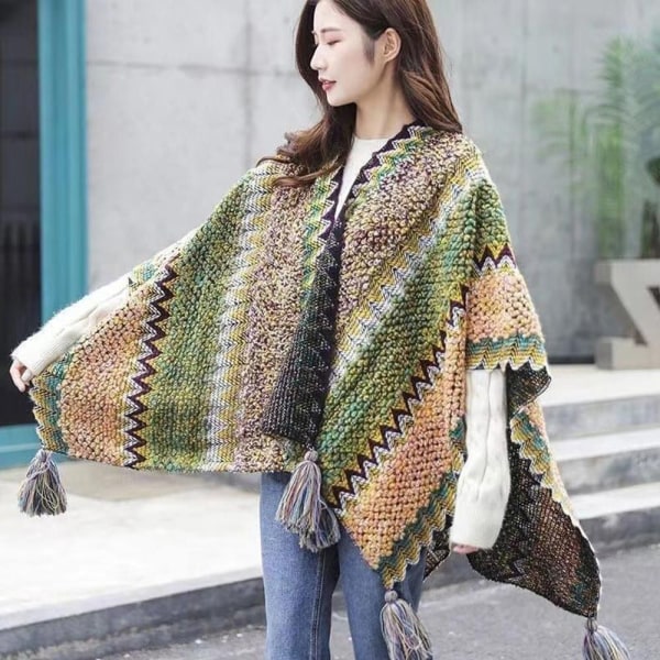 Mongolsk poncho cardigan kvast sjal GRØN green