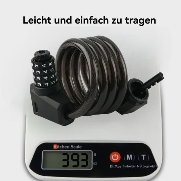 Bike Lock, Black Cable Lock, with LED Night Light, 4-Digit Numeric Lock, 2 Keys, Approx.