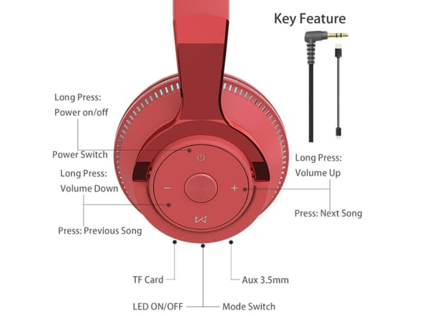 YEMAESRE H2 Röda LED-lampor Vikbara Bluetooth Over-Ear Hörlurar med Mikrofon