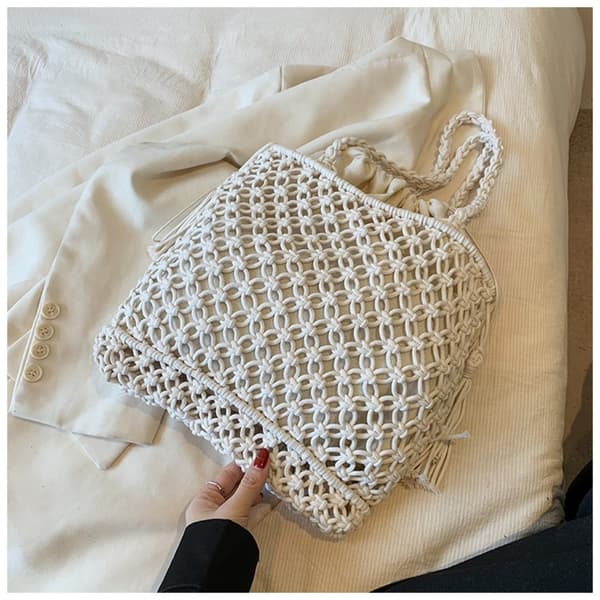 Sommarväska i vävd halm för damer med innerficka, handväskor, strand Boho axelväska, stor tygväska, vit White