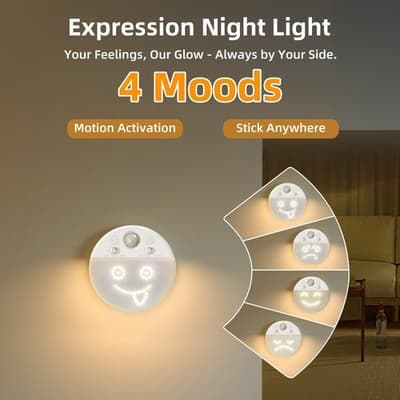 LED-nattlampa med rörelsesensor och 4 ansiktsuttryck, 2-pack 3000K