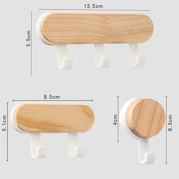 Självhäftande Träkrok för Vägg, Multifunktionell Hängare för Nycklar, Handdukar, Kläder, Vit - 3-pack