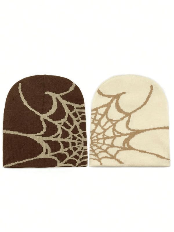 Halloween Spindelväv Stickad Mössa Set för Dam - Varm Höst Vinter Hatt brown