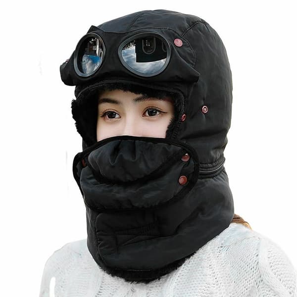 Vinter Termisk Trapper Hatt med Glasögon Vinter Cykling Vindtät Skidmask Mössa Black
