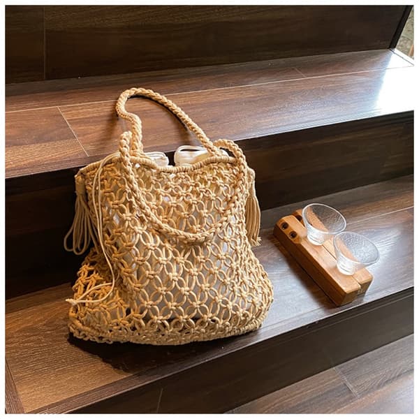 Sommarväska i vävd halm för damer med innerficka, handväskor, strand Boho axelväska, stor tygväska, vit White