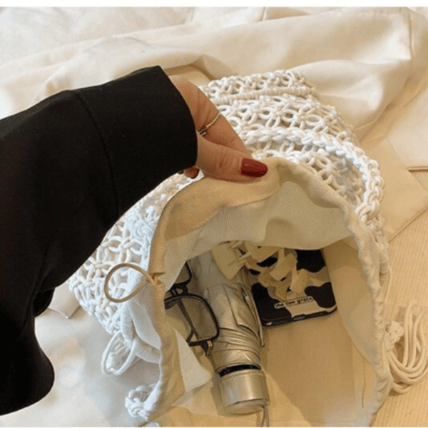 Sommarväska i vävd halm för damer med innerficka, handväskor, strand Boho axelväska, stor tygväska, vit White