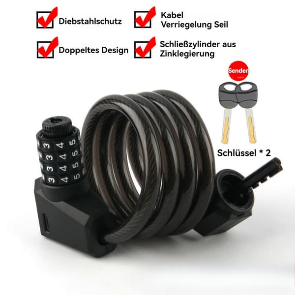 Bike Lock, Black Cable Lock, with LED Night Light, 4-Digit Numeric Lock, 2 Keys, Approx.