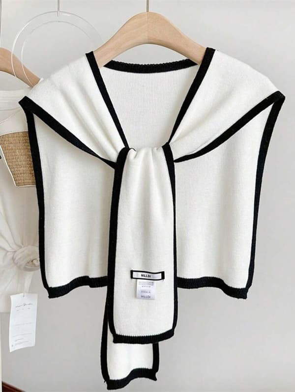 1 st Stickad poncho för kvinnor, Patchwork V-ringad knytsjal, Modehalsduk för utomhusbruk White