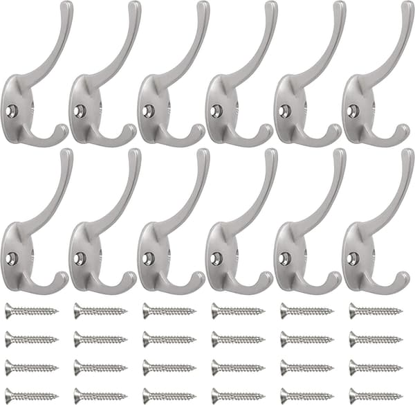 12-pack Silver Klädkrokar Väggmonterade, Dubbla Klädkrokar med Skruvar