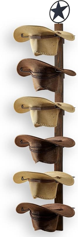Cowboy Hatthållare Väggställ 6-Krokar Trä Western Hat Organizer