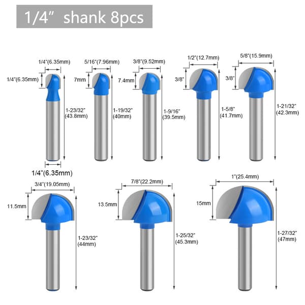 8 st 1/4 tums skaft Cove Core Box Fräsbits Set Robust Rundnos Fräs