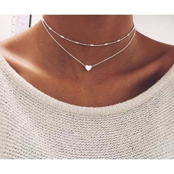 Dubbel kedja halsband - MAVURA - Hjärtpärla - Silver - Justerbar - Set med 2 Pengar