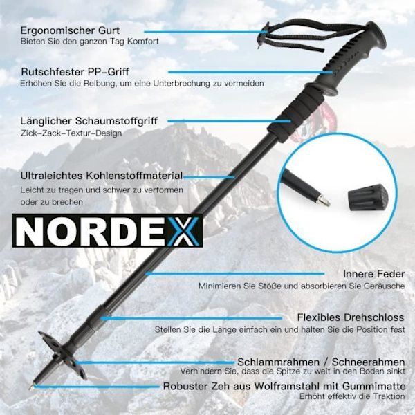 NORDEX vandrestave, vandrestave, teleskop, stavgang, ultralet aluminium