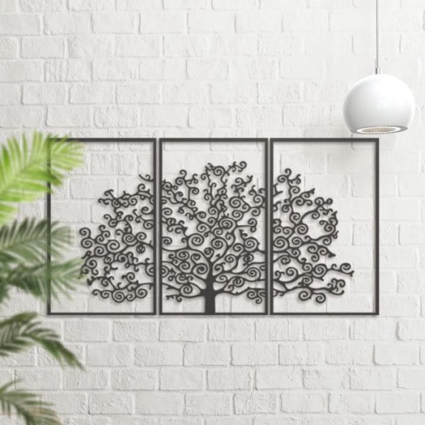Metallväggdekoration Minimalistiskt träd, 3 paneler Metal Wall Art Swirl Tree, metallkonstträd vardagsrum 150 x 74 cm