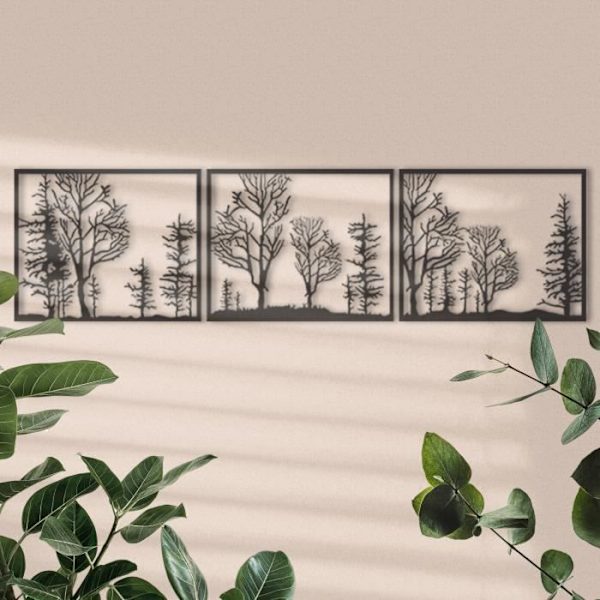 Minimalistisk trädväggdekoration, metallskog, 3 paneler Landskap-träd-natur Metallträdväggkonst, 180 x 48 cm