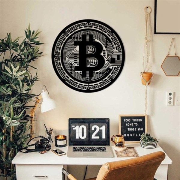 Bitcoin metallväggdekoration, kontorsdekoration, kryptoväggkonst - 35x35 cm Svart