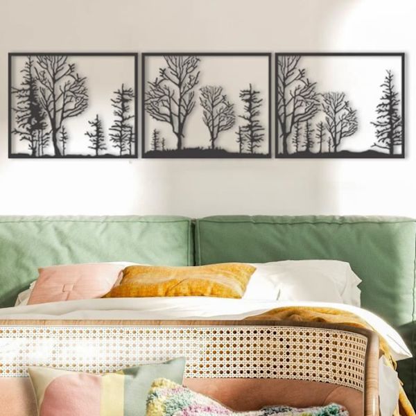 Minimalistisk trädväggdekoration, metallskog, 3 paneler Landskap-träd-natur Metallträdväggkonst, 180 x 48 cm