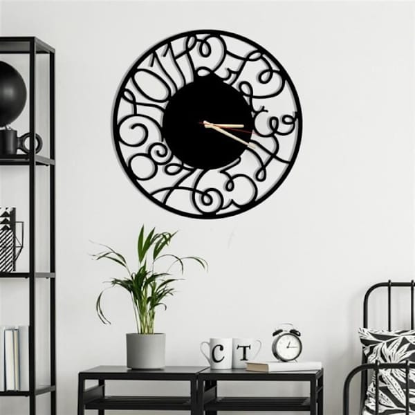 Asymmetrisk metallväggklocka Vintage svart och rund metallklocka 50cm