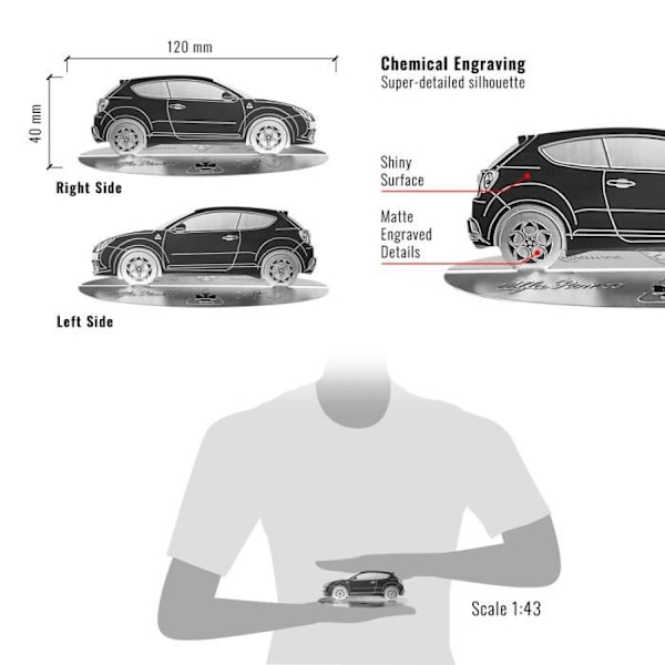 Reduceret model - Alfa Romeo - Mito - Rustfrit stål - Gravert silhuet - Gennemsigtig vitrine