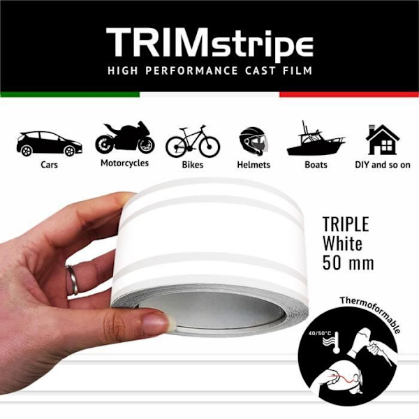 Dekorativa självhäftande remsor - Trimband - 50 mm x 10 mt - Vit - Termoformbar - Torka ingår
