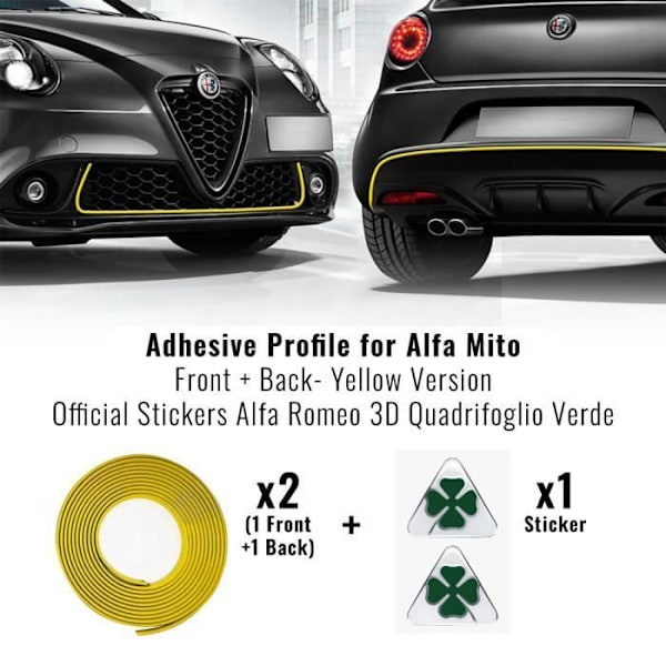 Sæt Alfa Romeo Mito Car Forre Bag Klæbende Profil Gul + 2 Quadrifoglio Verde 3D Sticker