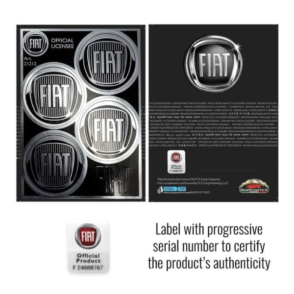 Officiella Fiat-klistermärken, 4 svarta logotyper, diameter 48 mm