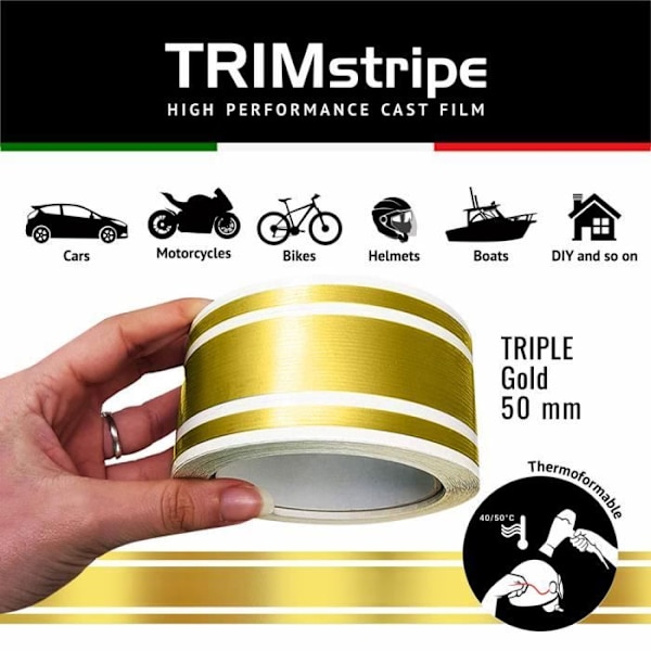 Klæbestrimler - Trimstriber - Guld - 50 mm x 10 mt - Termoformbar - Vejrbestandig