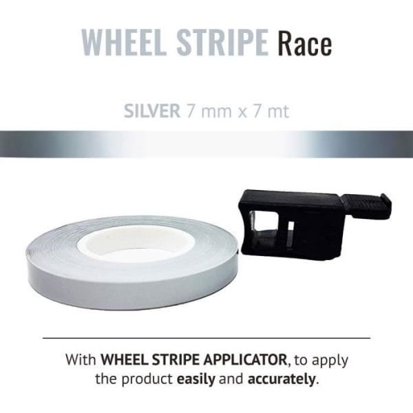 Wheel Stripes Racing selvklæbende strips til motorcykelfælge med applikator, sølv, 7 mm x 7 mt