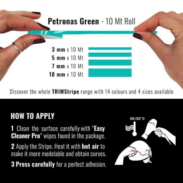 Bånd Klistremærker - Trim Stripes - Petronas Grøn - 10 mm x 10 mt - Varmeformbar - Rengøringsserviet Petronas Green