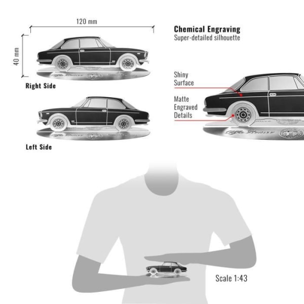 Alfa Romeo Giulietta Sprintgraverad bilsiluettmodell i rostfritt stål
