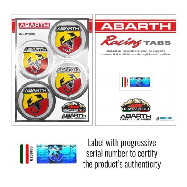 Officiell Abarth-klistermärke, 4 logotypmärken Diameter 48 mm