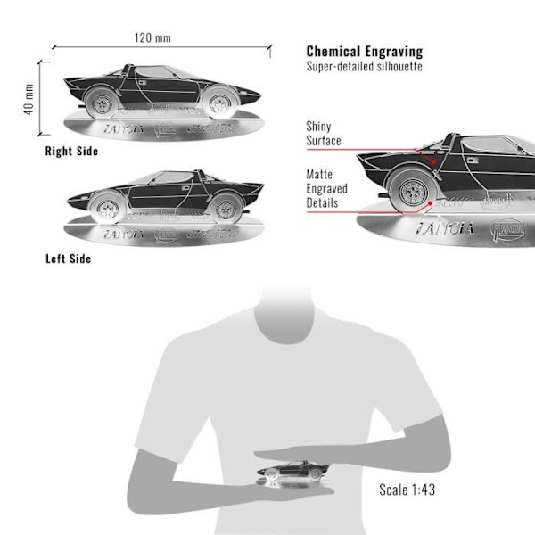 Silhuet i Rustfrit Stål - Lancia - Strato's - Præcise Detaljer - Gennemsigtig Vitrinedisplay - Selvbærende Base