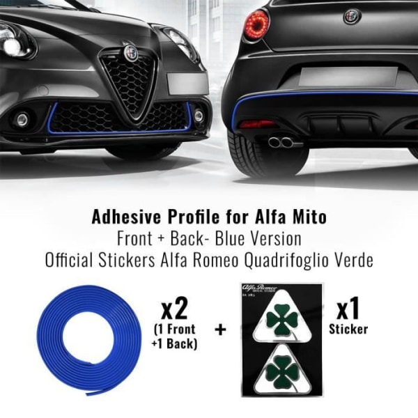 Kit Alfa Romeo Mito bil fram och bak självhäftande profil blå + 2 Quadrifoglio Verde grön fyrklöver