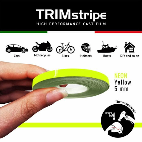 Självhäftande remsor - Trimband - Neongul - 5 mm x 10 mt - Termoformbar - Väderbeständig Fluorescerande gul