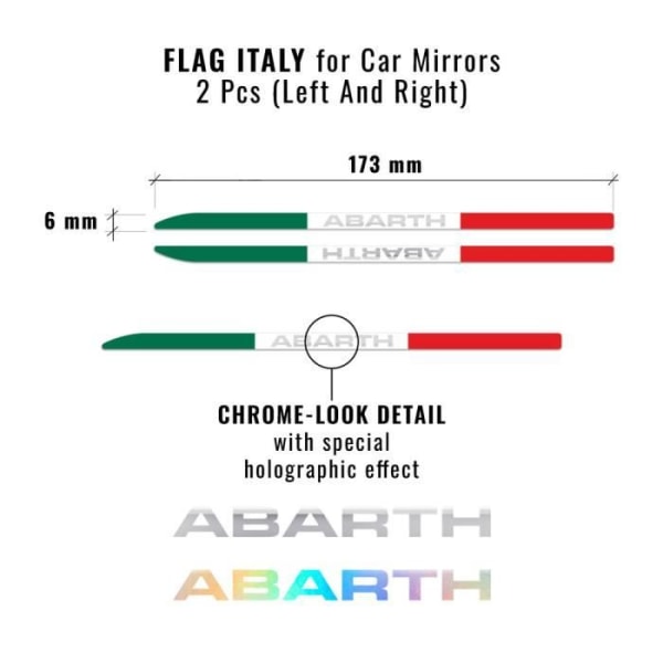Stripes självhäftande remsor Italien Flagga Abarth holografisk för bilbackspeglar, höger och vänster, 6 x 173 mm