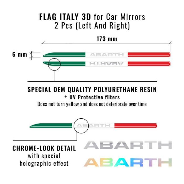 3D självhäftande remsor - Abarth - Italiens flagga - Holografisk - 6 x 173 mm - 2 stycken