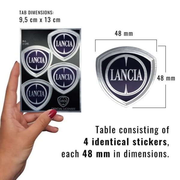 Officiella Lancia-klistermärken, 4 logotypsköldar, bord 94 x 131 mm