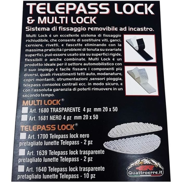 Telepass Lock, självhäftande återförslutningsbart fixeringssystem, Transparent, 10 stycken