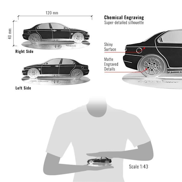 Dekorationsobjekt - Alfa Romeo - 156 - Graverad siluett - Rostfritt stål - Transparent vitrinskåp