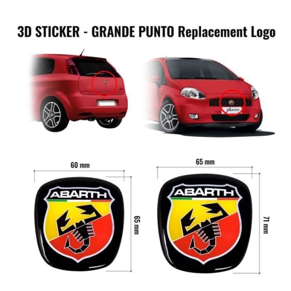 3D Abarth ersättningslogodekal för Fiat Grande Punto, fram + bak