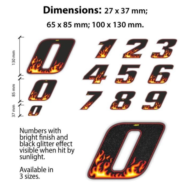 Klistermärke nummer 6 självhäftande nummer Motorcykel, Flames, 100 x 130 mm