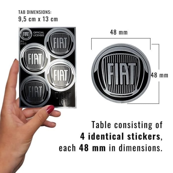 Officiella Fiat-klistermärken, 4 svarta logotyper, diameter 48 mm