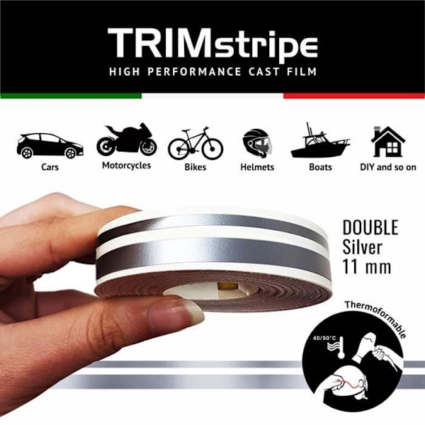 Trim Stripes dubbla självhäftande remsor för bilar, silver, 11 mm x 10 mt
