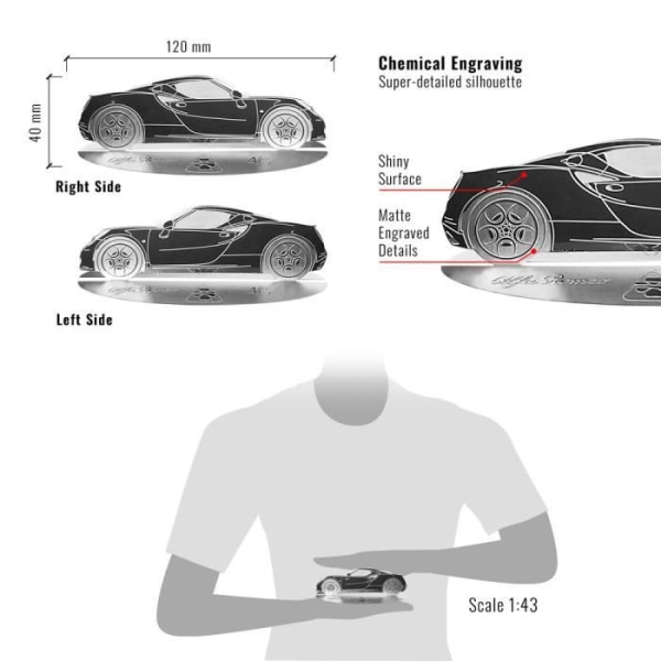 Alfa Romeo 4C indgraveret bilsilhuetmodel i rustfrit stål