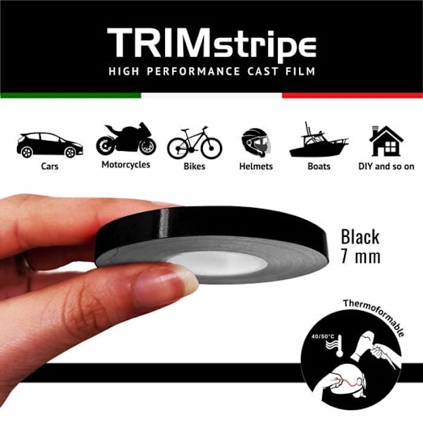 Båndklæbende - Trim Stripes - Sort - 7 mm x 10 mt - Termoformerbar - Vejrbestandig