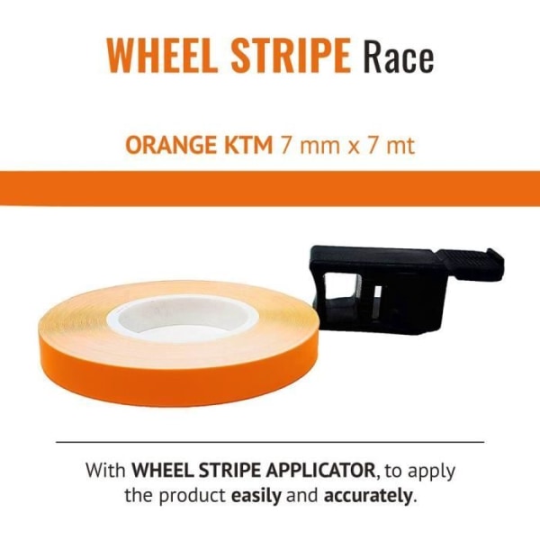 Wheel Stripes Racing självhäftande remsor för motorcykelfälgar med applikator, orange KTM, 7 mm x 7 mt