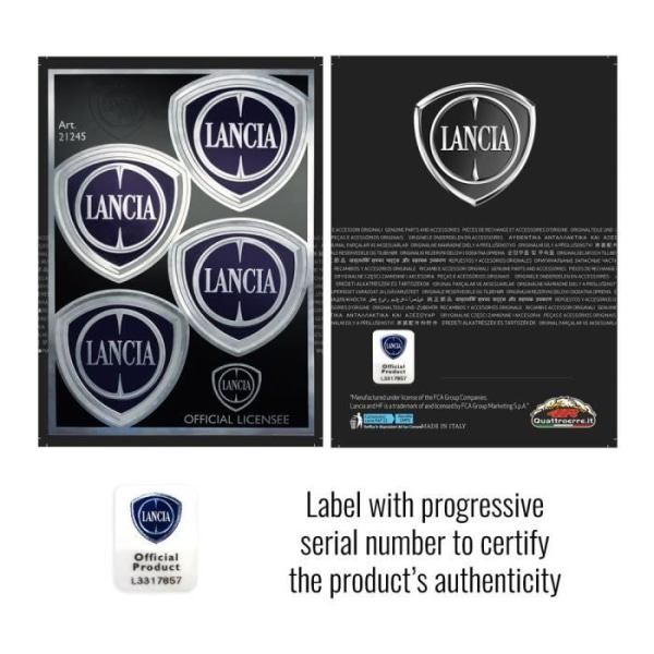 Officiella Lancia-klistermärken, 4 logotypsköldar, bord 94 x 131 mm