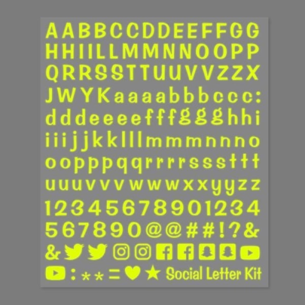 Sociala nätverk självhäftande bokstäver, siffror och symboler Kit, Neongult